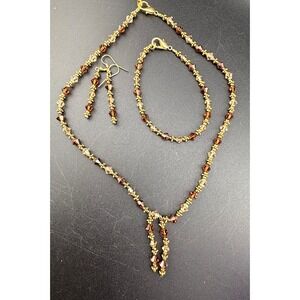 Brown Beaded Necklace Bracelet Earrings Set 8" 17"‎